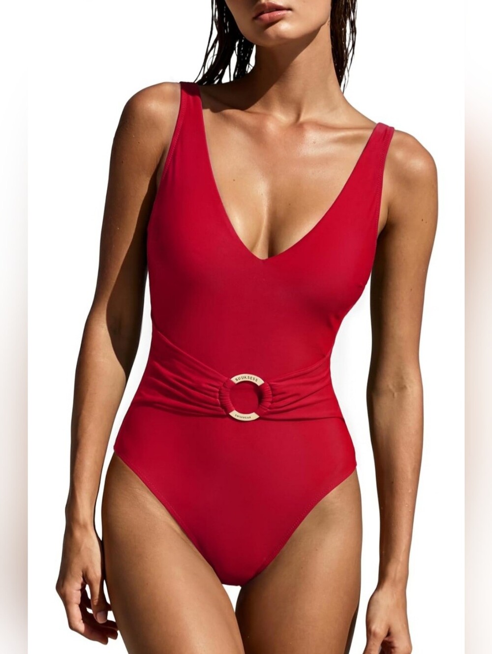 Red V-Neck One-Piece Swimsuit with Decorative Ring
